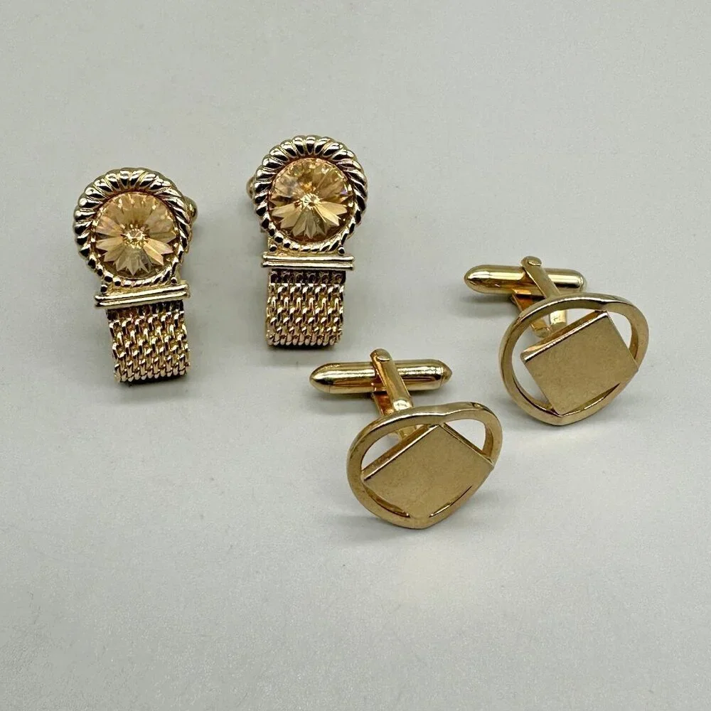Vintage Swank Men Cufflinks Set of 2 Gold Tone Mesh Rhinestone Modern Square